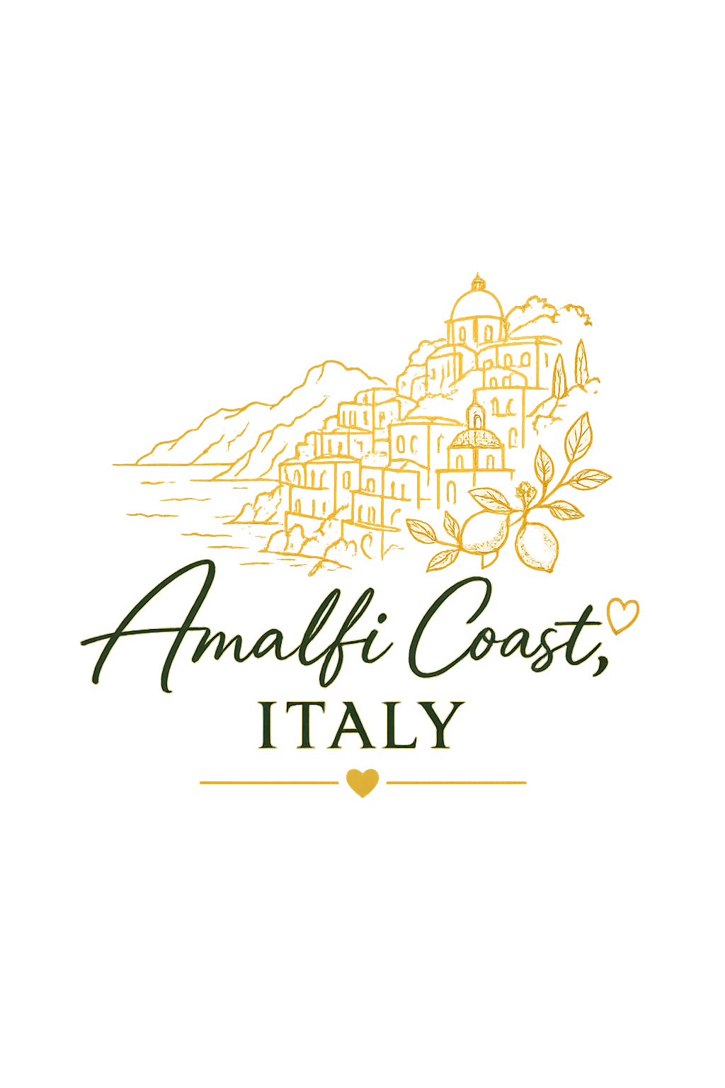A stylized illustration of Amalfi Coast, Italy, featuring a silhouette of a coastal town with buildings and a church, overlaid with text 'Amalfi Coast, Italy' and decorative lemon branches with leaves and small hearts.