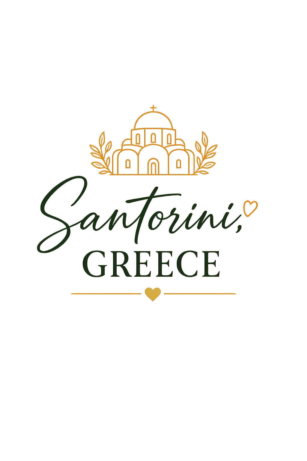 Neon sign with a church outline, the words "Santorini, Greece", and small heart icons, glowing in warm colors.