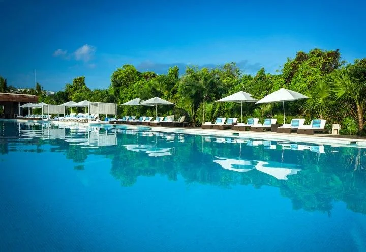 A luxurious outdoor swimming pool with lounge chairs and white umbrellas, surrounded by lush green trees under a clear blue sky.