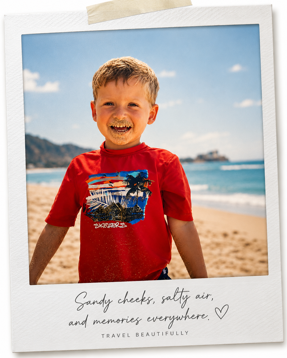 A young boy with sandy cheeks and messy hair, smiling at the camera at the beach, with the ocean and mountains in the background. He is wearing a red t-shirt with a graphic design and has sand on his face.