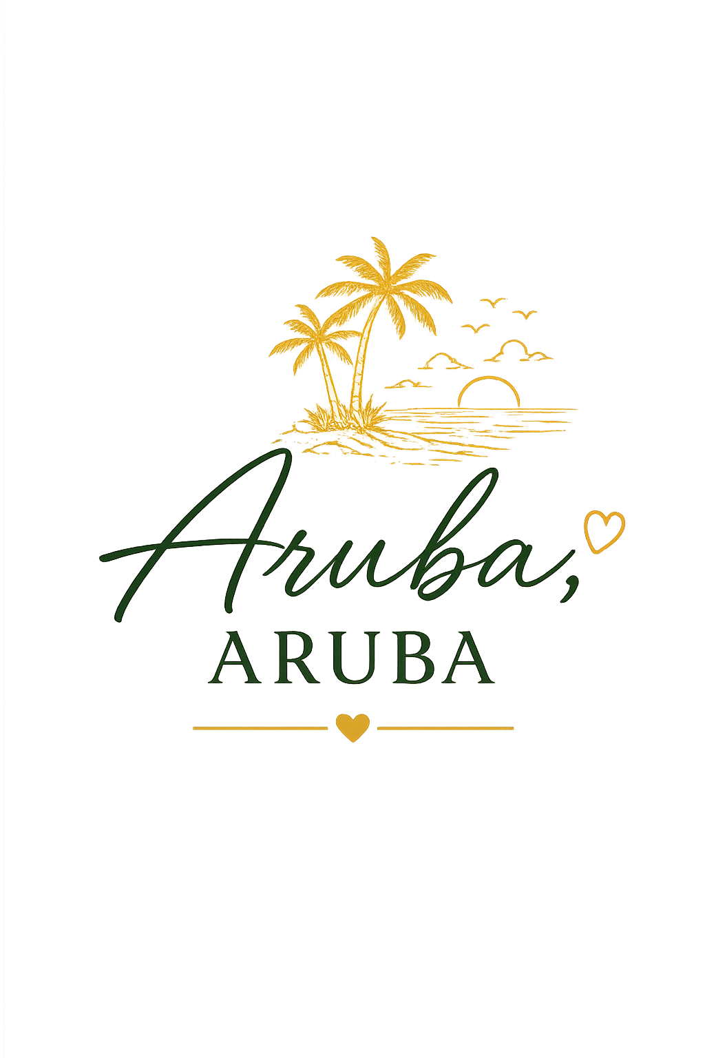 A colorful sign with the text "Aruba, Aruba" and a small heart, depicting a tropical scene with palm trees and a sunset over the ocean.