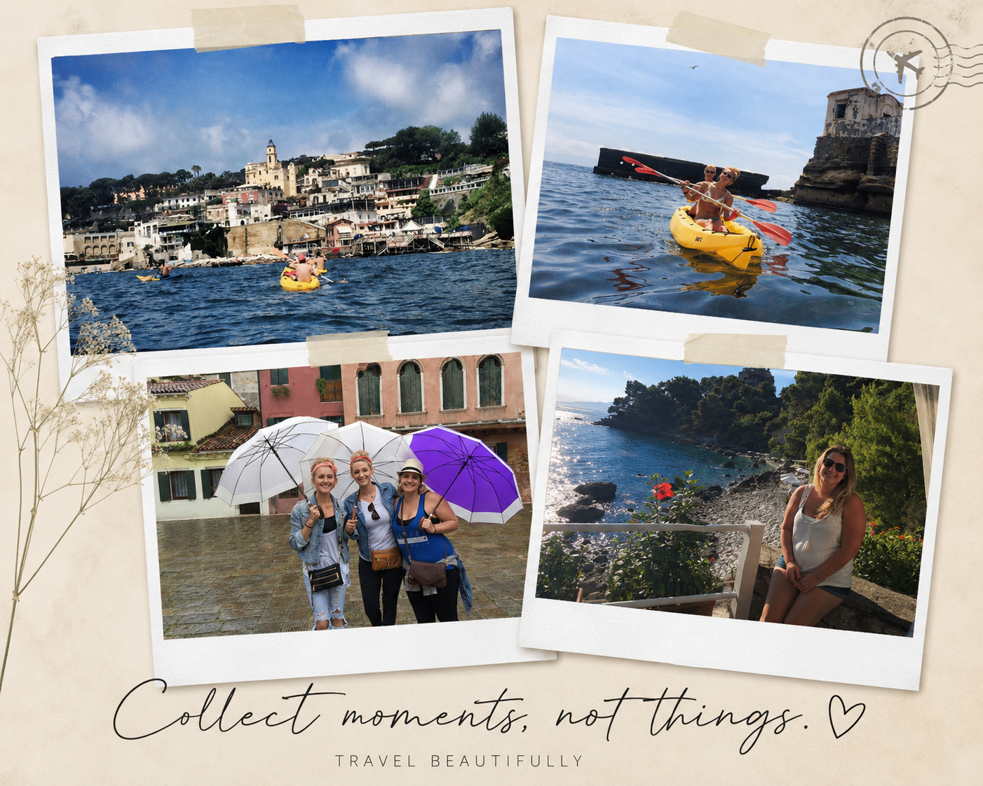 A collage of four travel photos on a beige background with decorative elements and a quote that says, "Collect moments, not things."