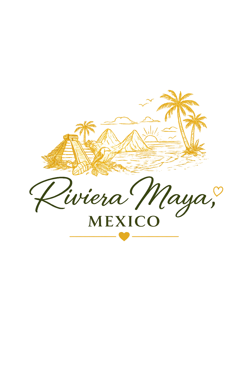 Sketch of a Riviera Maya beach scene with pyramids, palm trees, and the text 'Riviera Maya, Mexico' and small heart symbols.