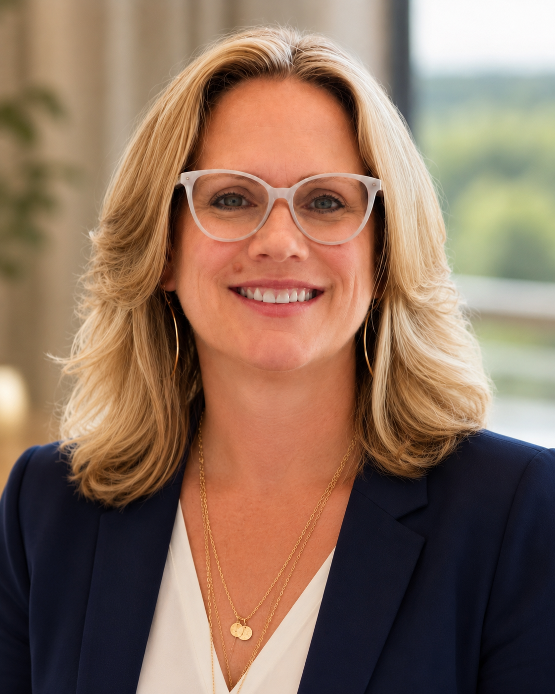 A woman with blonde hair, wearing clear glasses, a navy blazer, and gold jewelry, smiling in a professional setting.