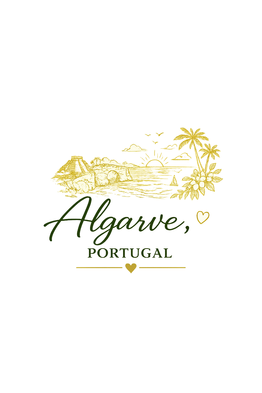 A colorful travel advertisement for Algarve, Portugal, featuring a scenic landscape with palm trees, a sunset, and coastal cliffs, with the text 'Algarve Portugal' in elegant script.