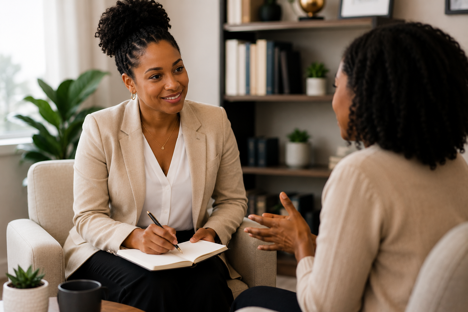 Two women are sitting and talking in a cozy, well-decorated room. One is smiling and taking notes while the other is speaking, with her hands gesturing.
