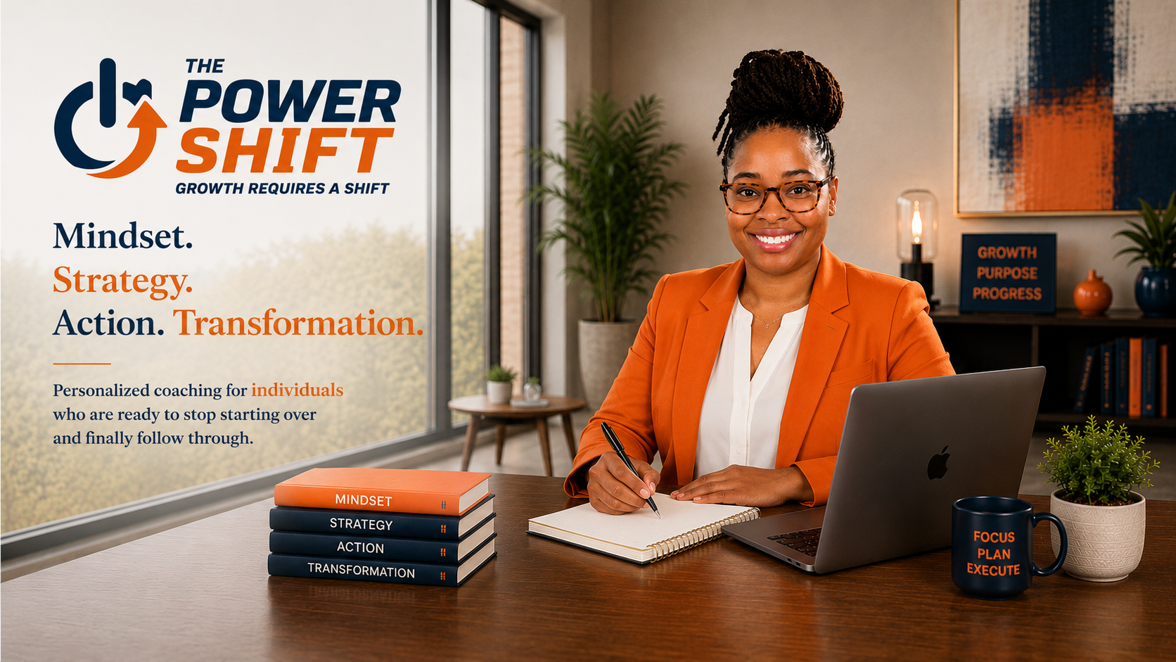 A woman in an orange blazer sitting at a desk with a laptop, notebooks, and a coffee mug, smiling in a modern office with large windows and decorative items, promoting personal coaching for growth and transformation.