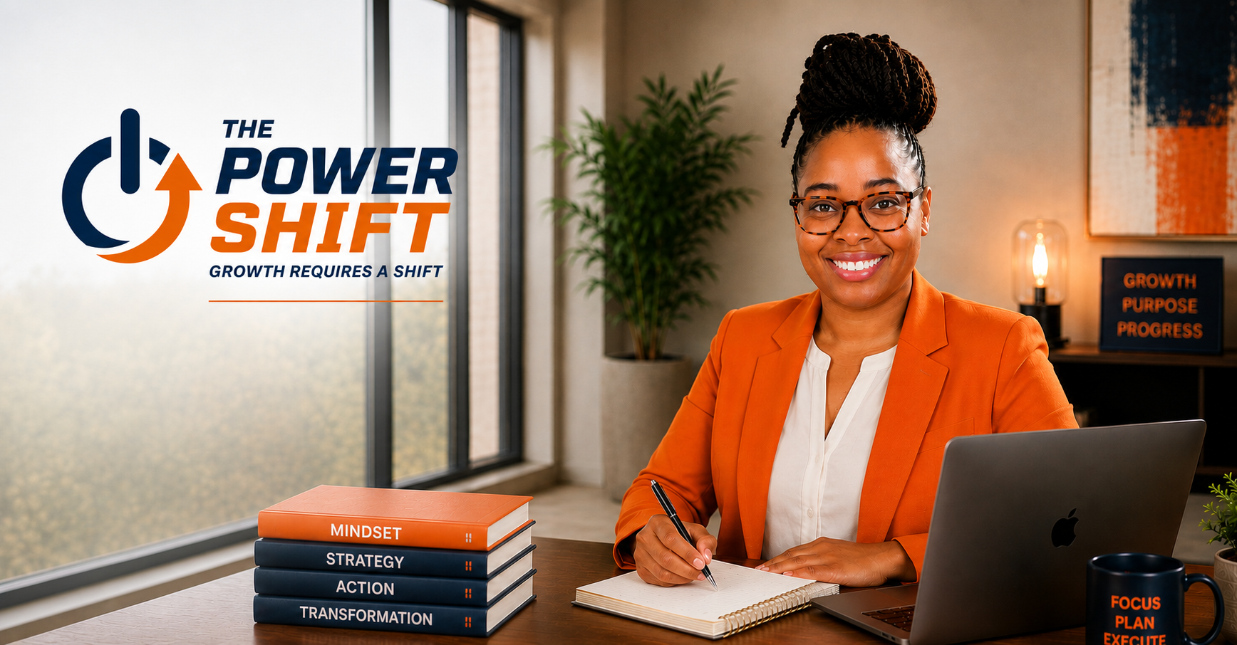 Ja’Tarra Brooks, founder of The Power Shift®, seated at a desk beside The Power Shift® logo.