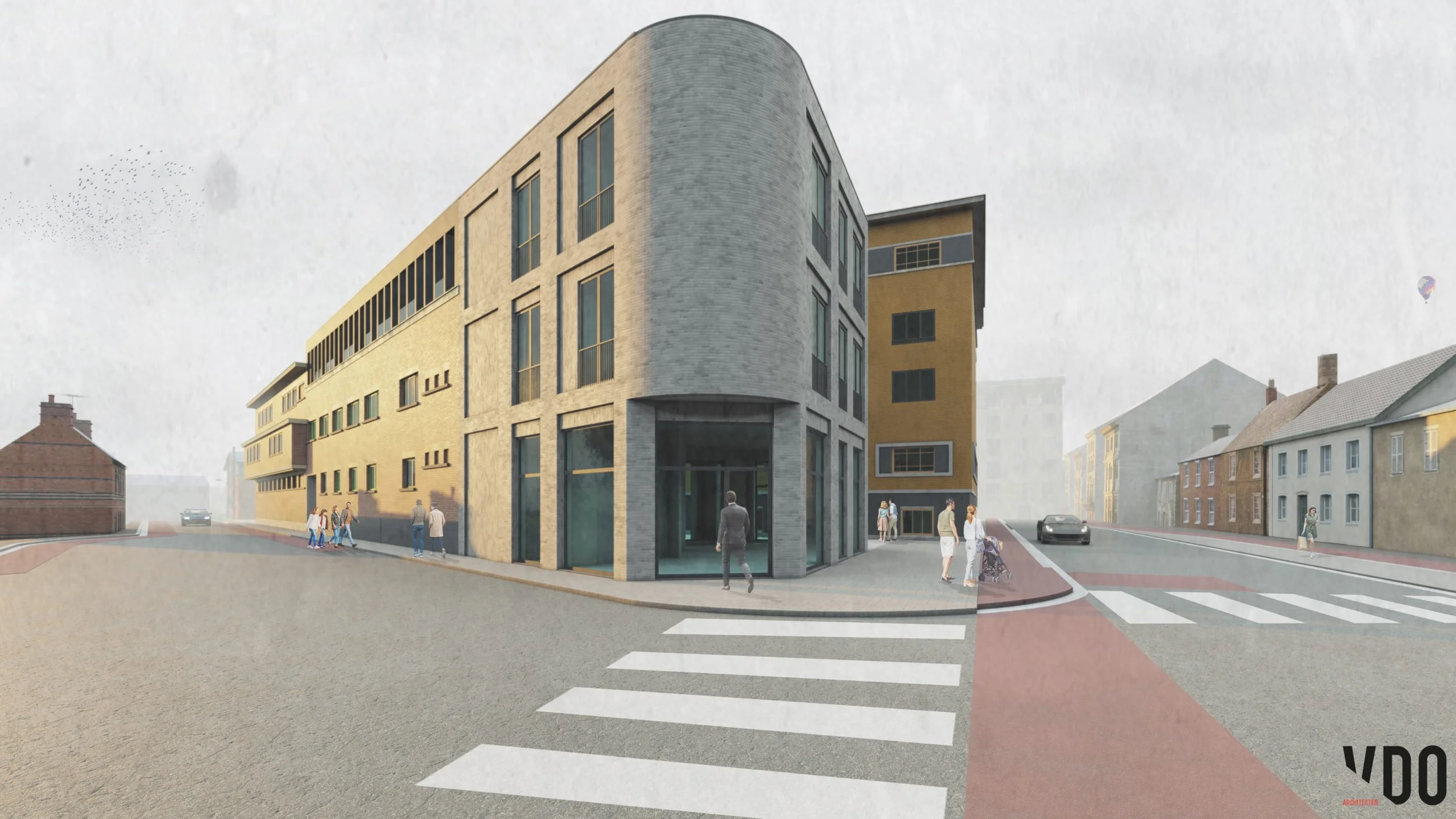 Artist rendering of a modern corner building with a curved facade on a city street. Pedestrians and cars are visible.