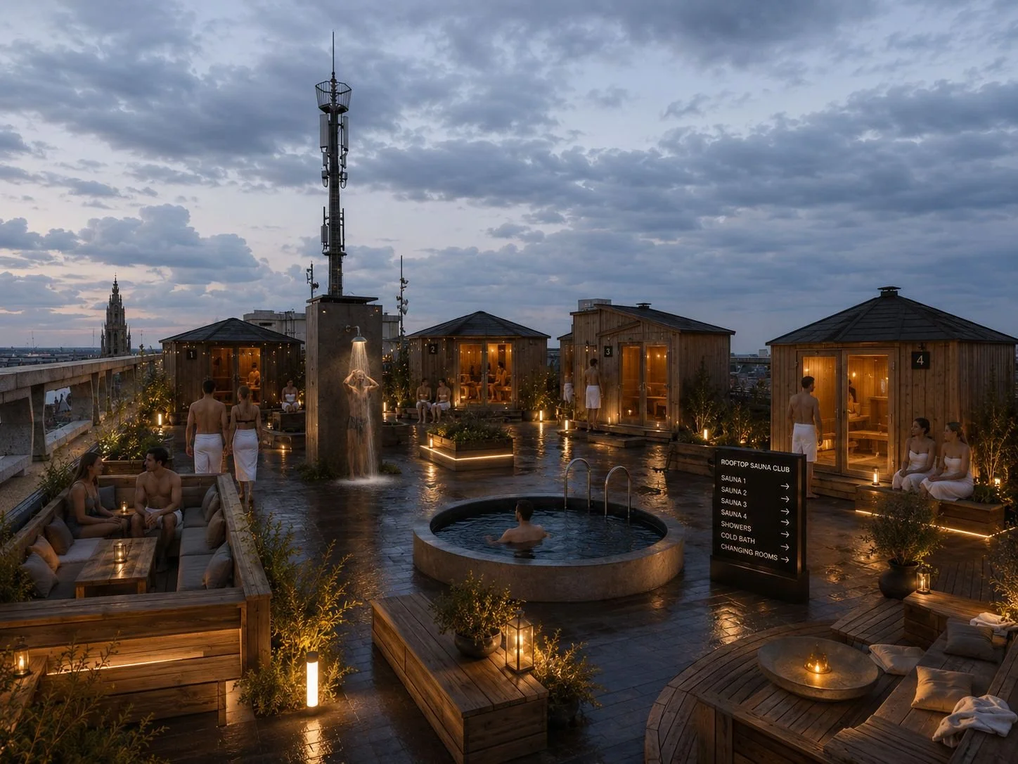 Rooftop sauna and spa area at dusk with wooden saunas, a hot tub, a waterfall shower, and seating areas with people relaxing and enjoying the evening.