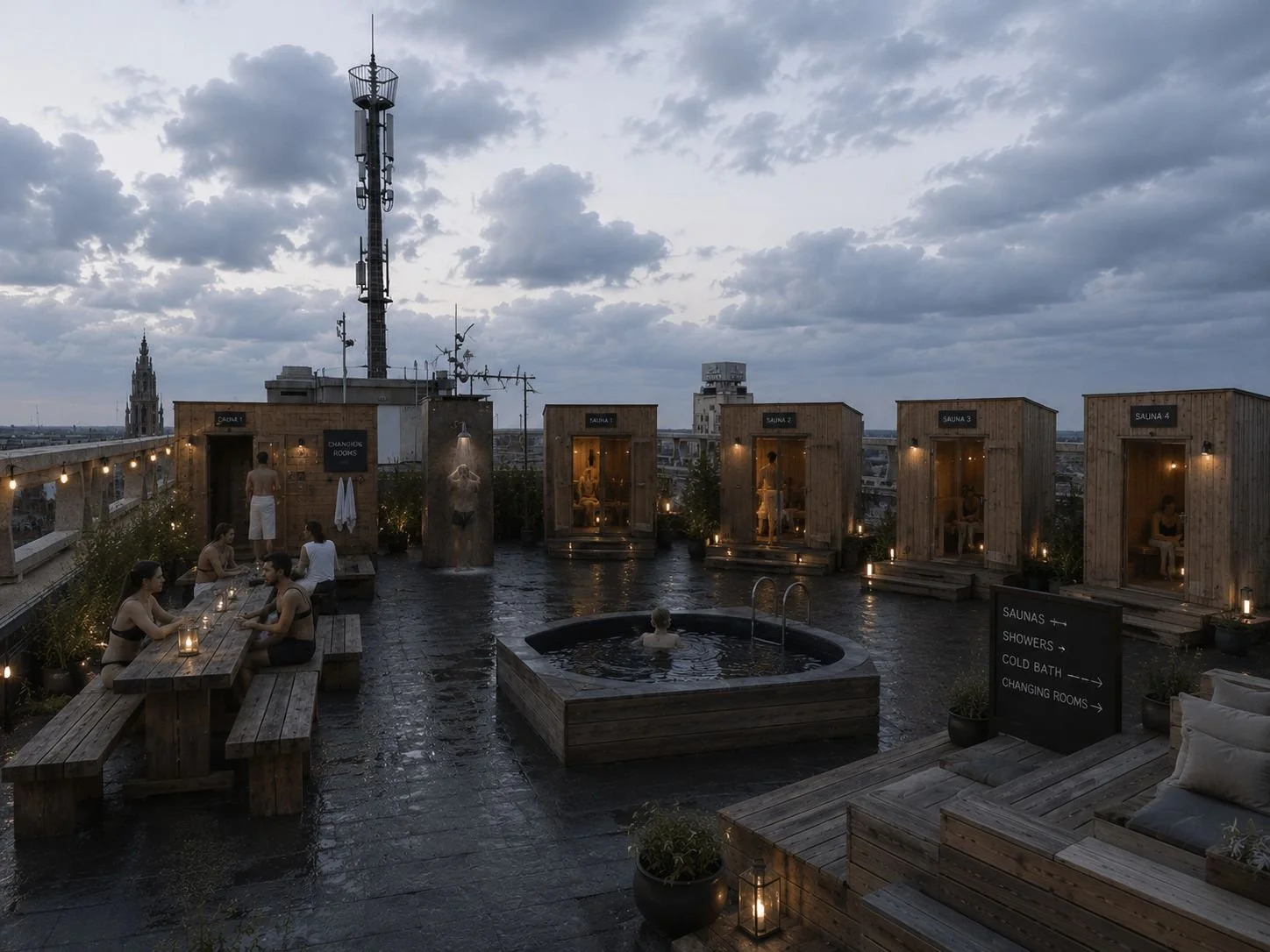 A rooftop spa with outdoor hot tubs and saunas, evening ambiance with people relaxing, cloudy sky, city skyline in the background, fairy lights, and wooden lounge areas.