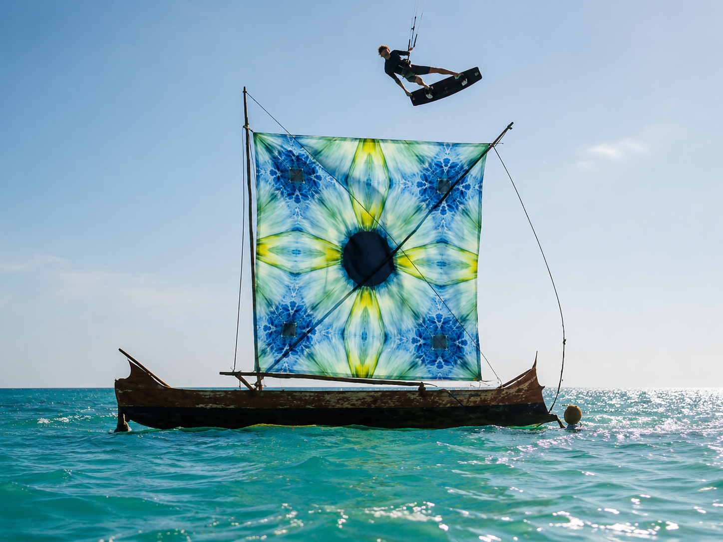 A person wakeboarding above a sailboat with a large, colorful, tie-dye sail on the ocean during daytime.