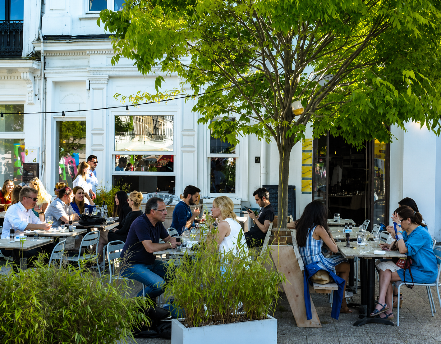 People dining outdoors at a restaurant patio shaded by a large green tree on a sunny day.