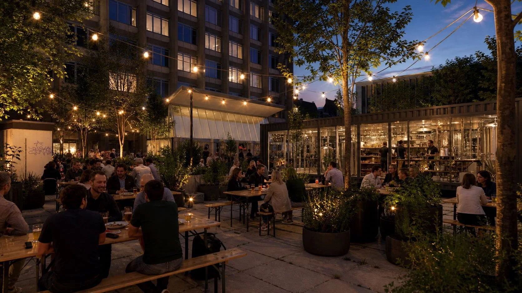 Outdoor patio of a restaurant or bar during evening with string lights, people dining at tables, and an open kitchen visible through large glass windows.