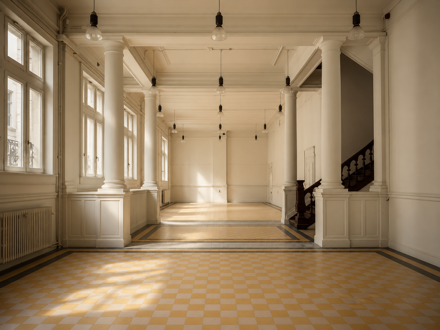 The grand hall of the former school complex on Coquilhatstraat in Antwerp, offering an impressive space with authentic architectural character.