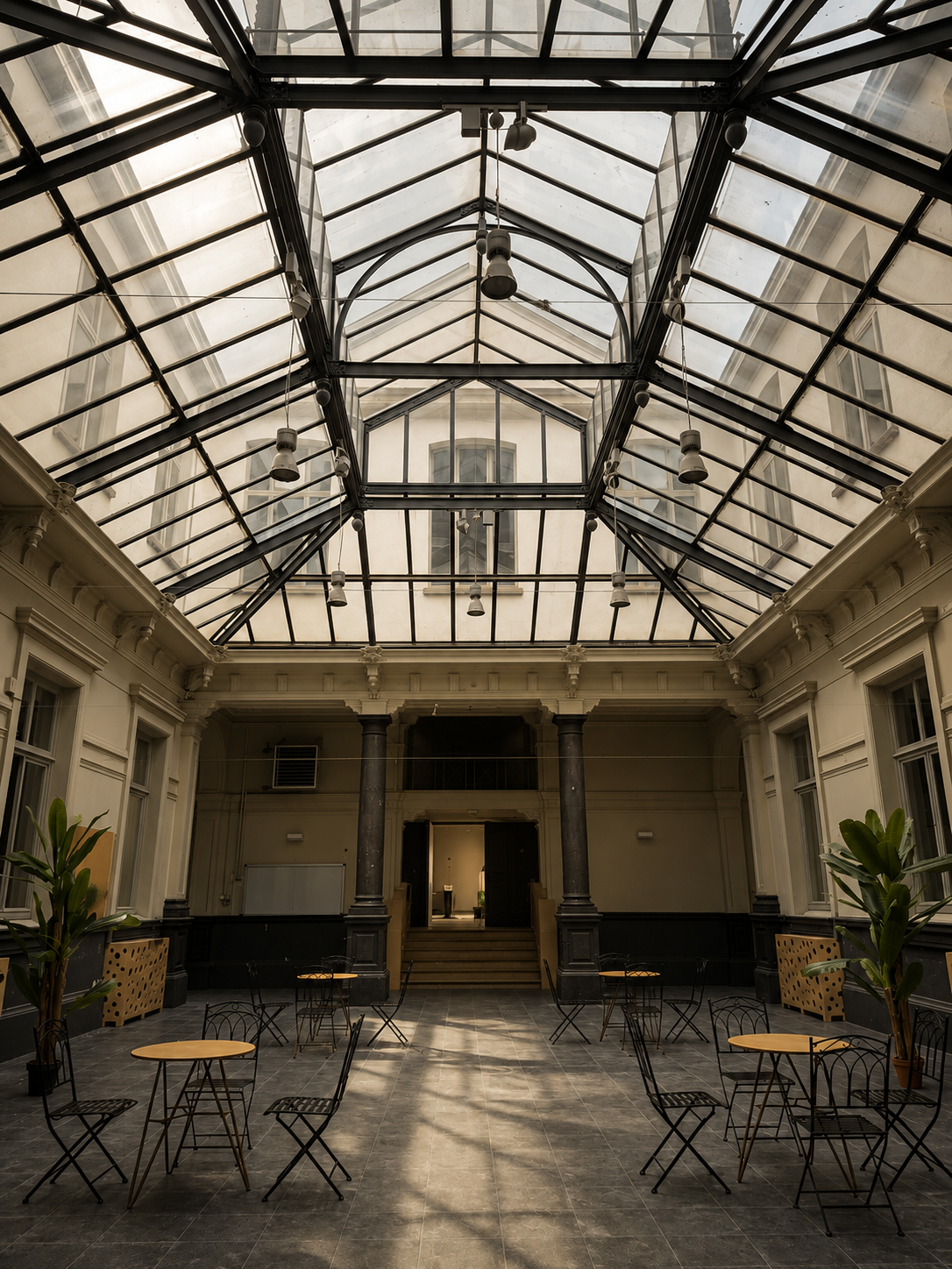 The entrance hall of the former commercial school on Schildersstraat in Antwerp, featuring a magnificent glass ceiling that fills the space with natural light.