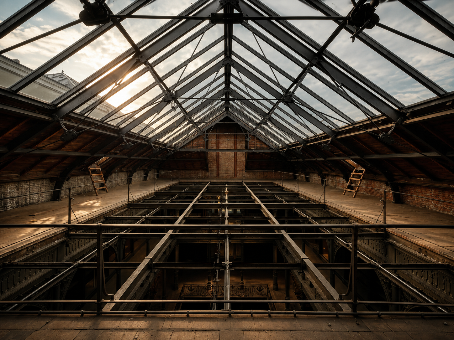 Interior view of an attic with a glass roof, metal and wooden support beams, and scaffolding.