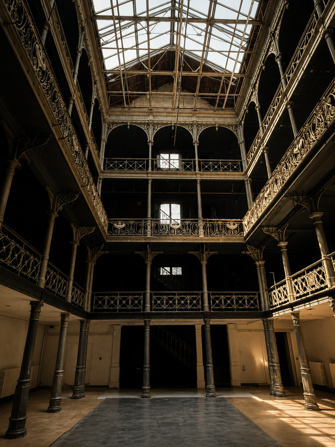 Interior view of a multi-story historic building with ornate railings, multiple balconies, and a glass ceiling allowing natural light to illuminate the dark interior.