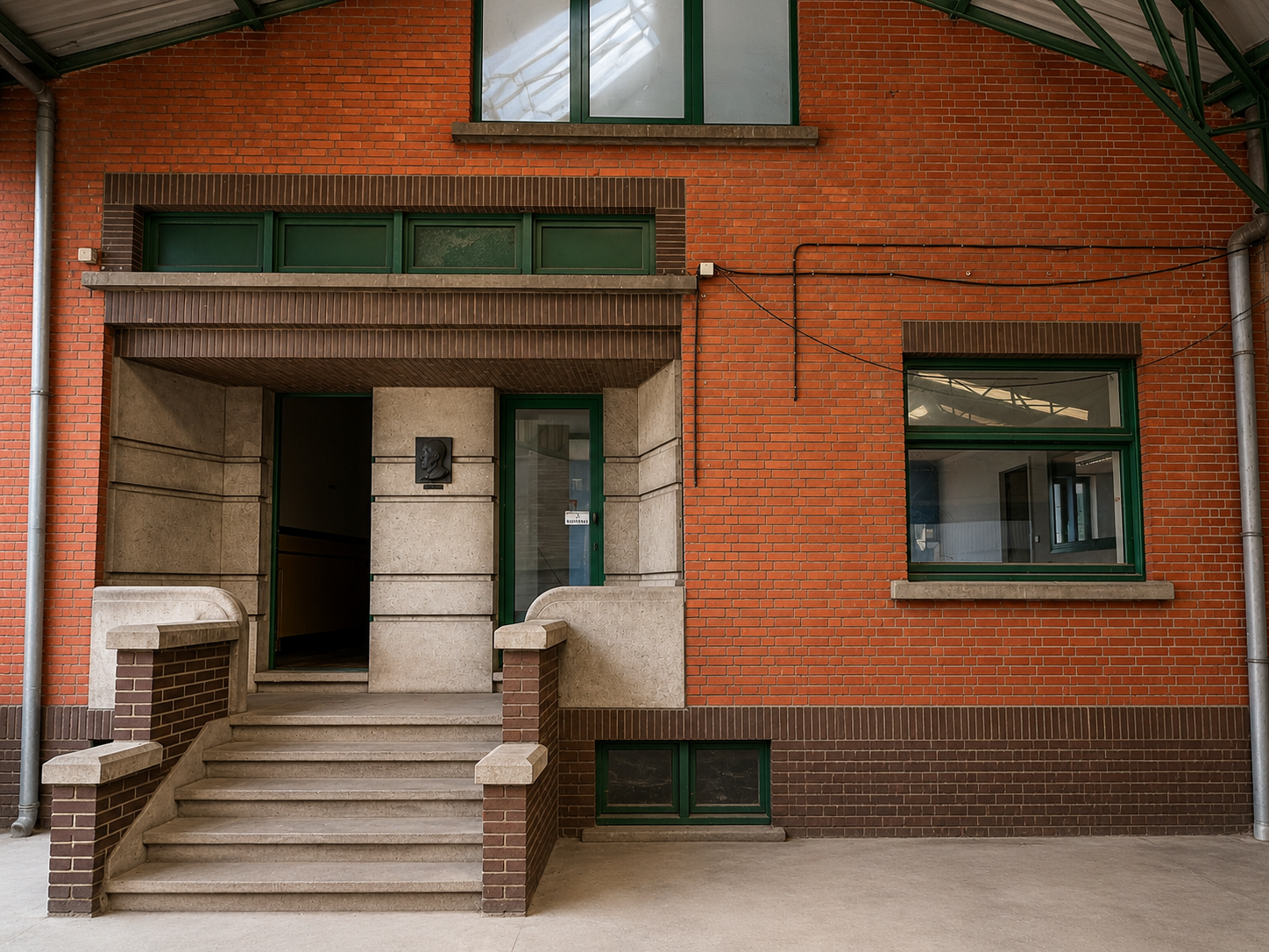 The entrance hall leading to the offices inside the former De Baer Brewery in Sint-Niklaas, combining authentic industrial character with functional workspaces.