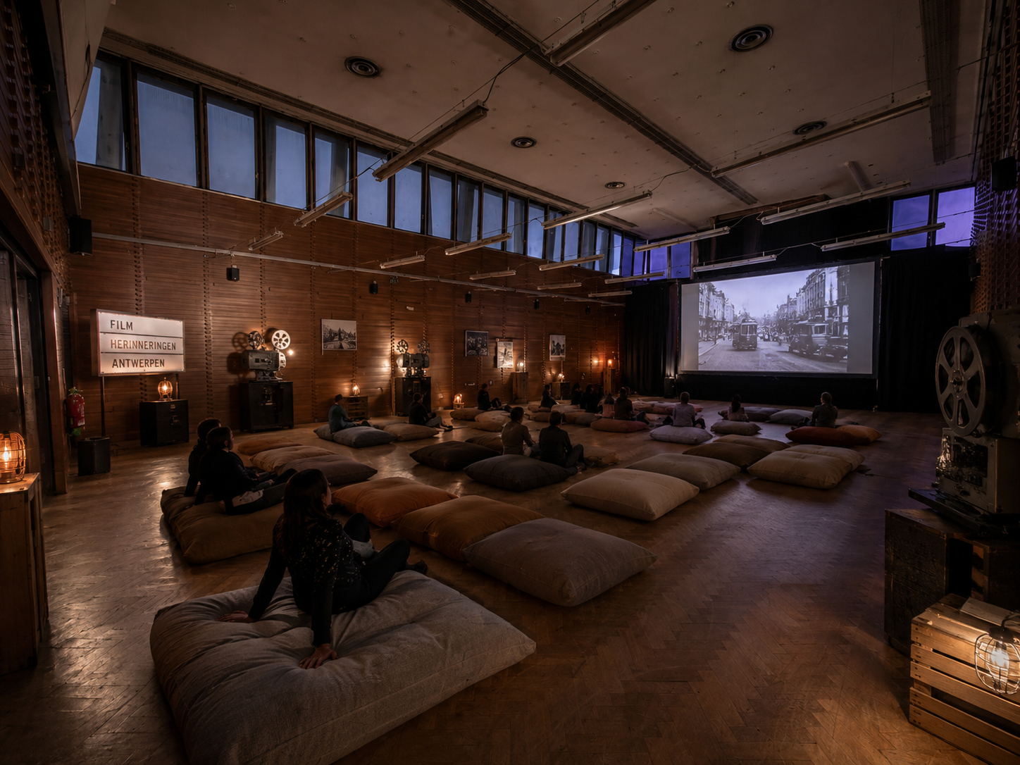 People sitting on beanbag chairs watching a black and white movie projected on a large screen in a cozy, dimly-lit theater with wooden walls and vintage decor.