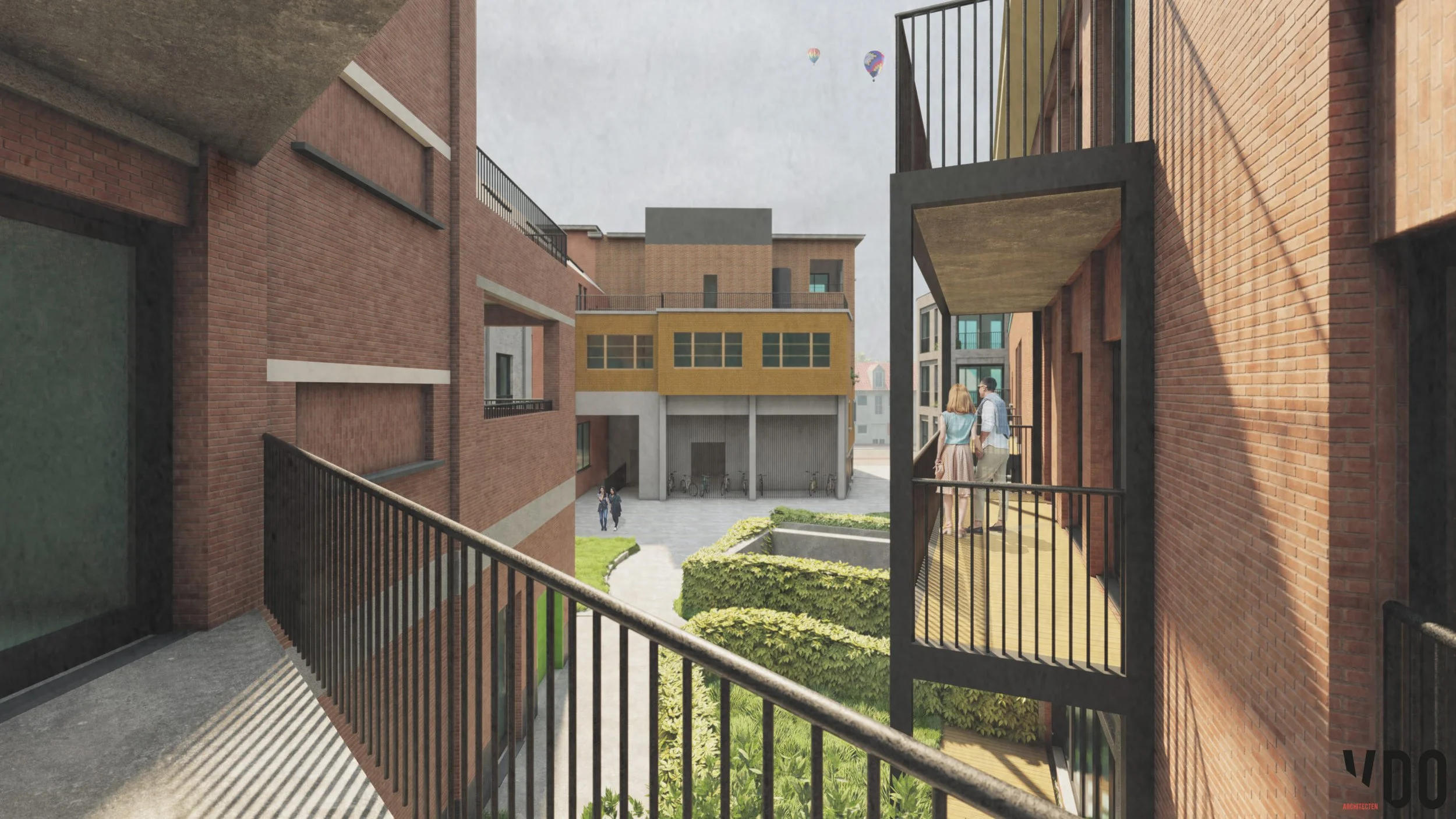 View from a balcony overlooking a courtyard with modern brick and yellow buildings, some people walking and talking, hot air balloons in the sky.