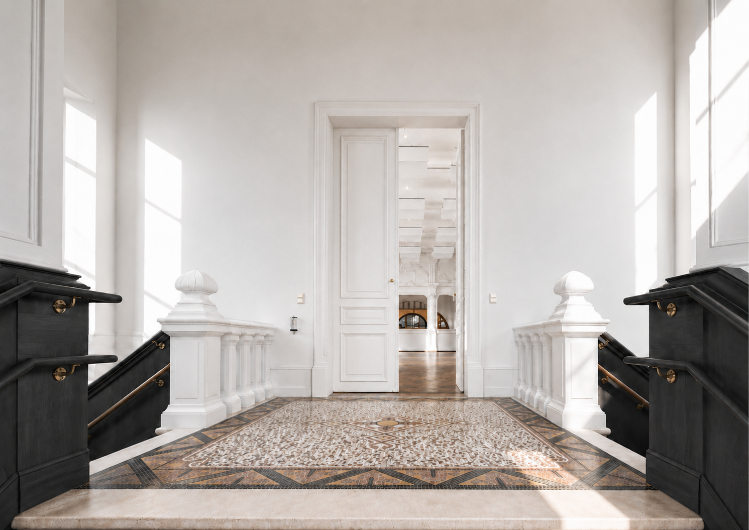 Elegant interior with white walls, black staircase railings with gold accents, intricate tile floor, and a door leading to a room with arches and high ceilings.