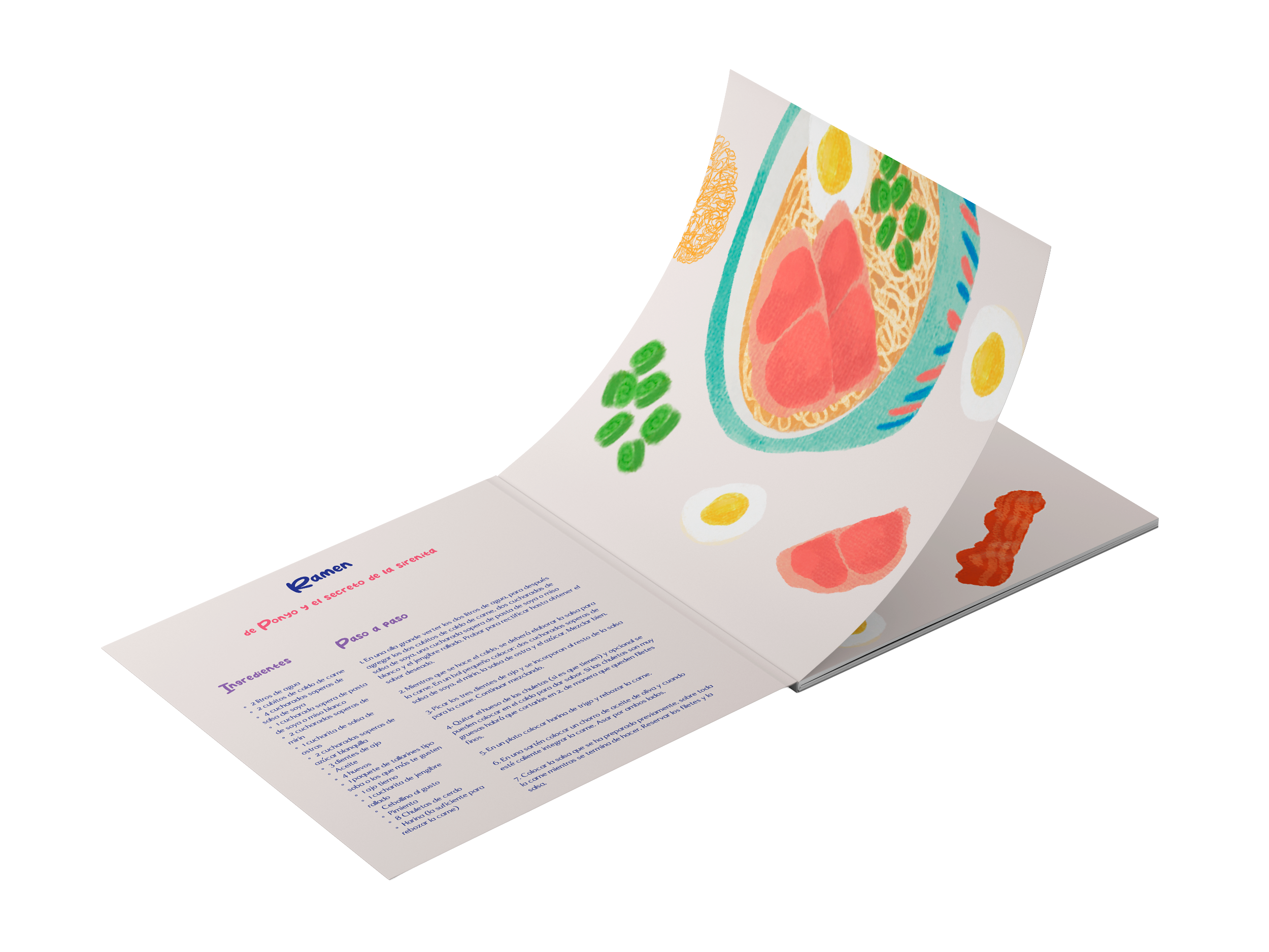 Libro abierto con ilustraciones de ingredientes de ramen y texto en español que explica la receta.