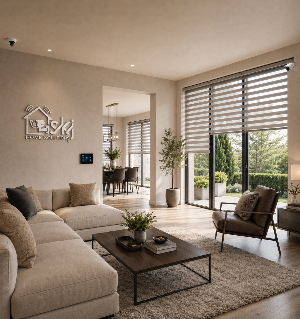 Model of custom blinds, security cameras, Smart Thermostat by SKJ Home Solutions
