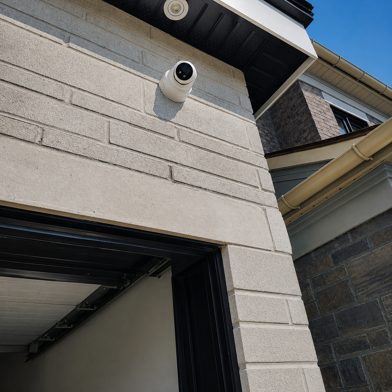 Security camera installed at the entrance of an upscale Burlington home by SKJ Home Solutions.