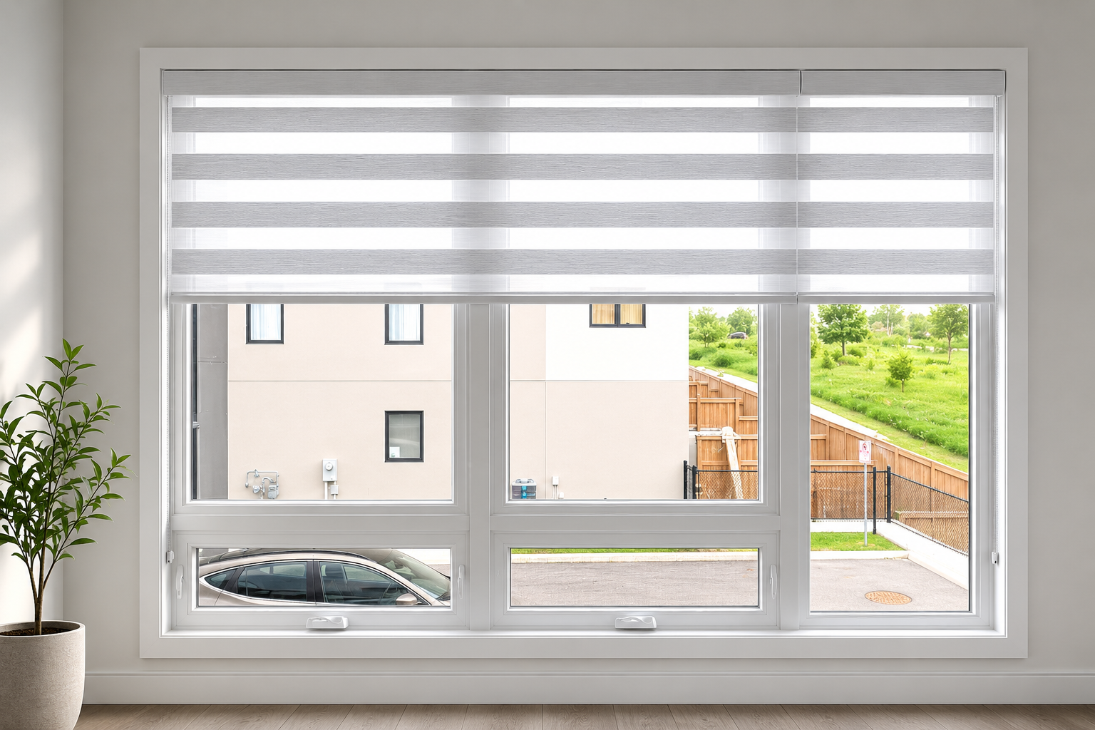 Zebra day-and-night blinds balancing natural light and privacy — SKJ Home Solutions, Burlington.