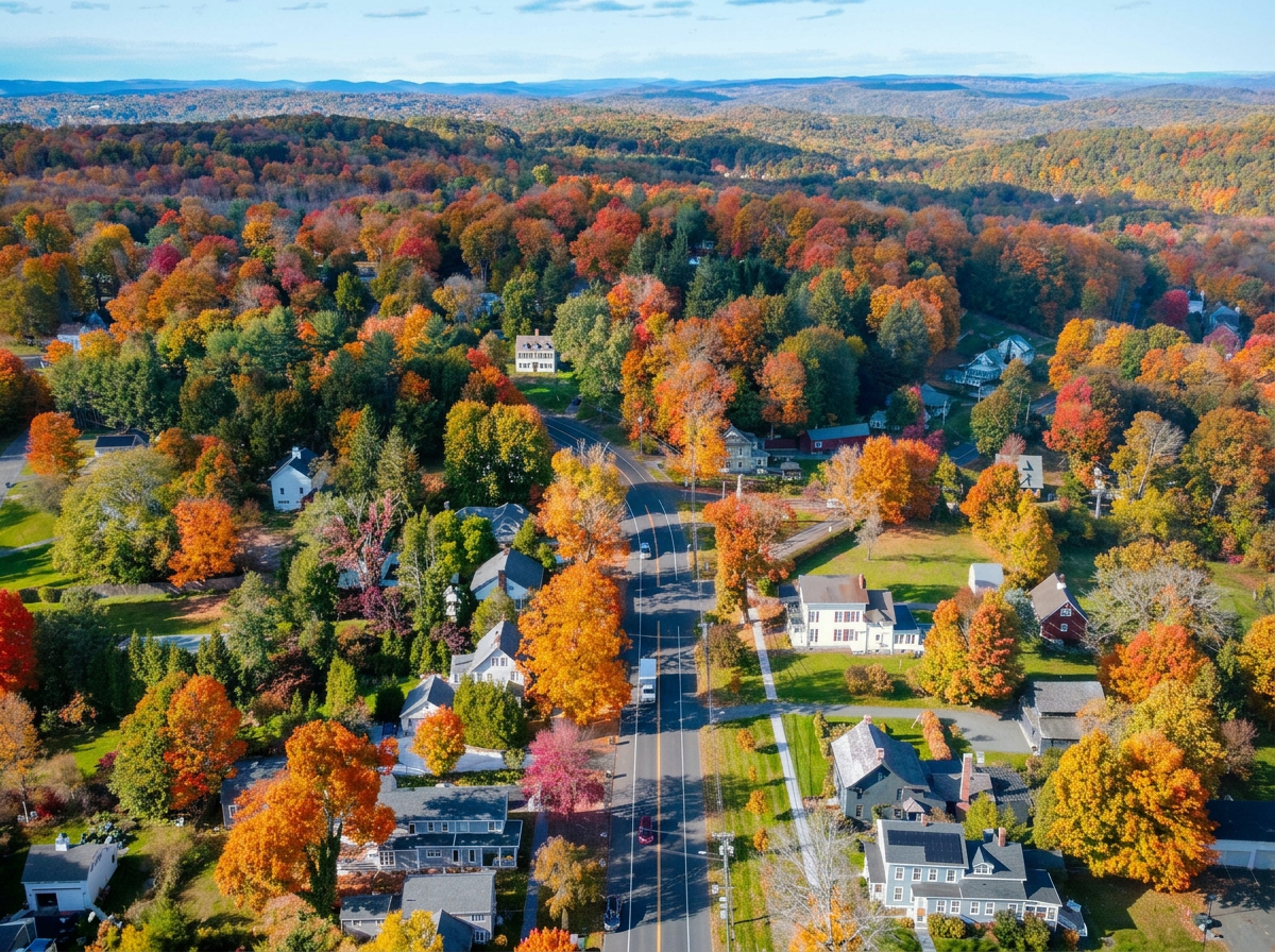 Aerial view of a small town during fall with colorful autumn trees, houses, and rolling hills in the background.