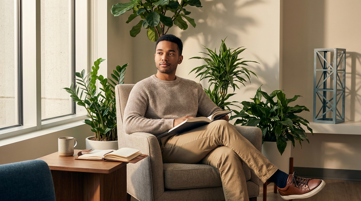 NeuroSpark Counseling client in a peaceful reflective moment – man sitting comfortably during telehealth therapy, supporting emotional healing and cognitive recovery after TBI or ABI.