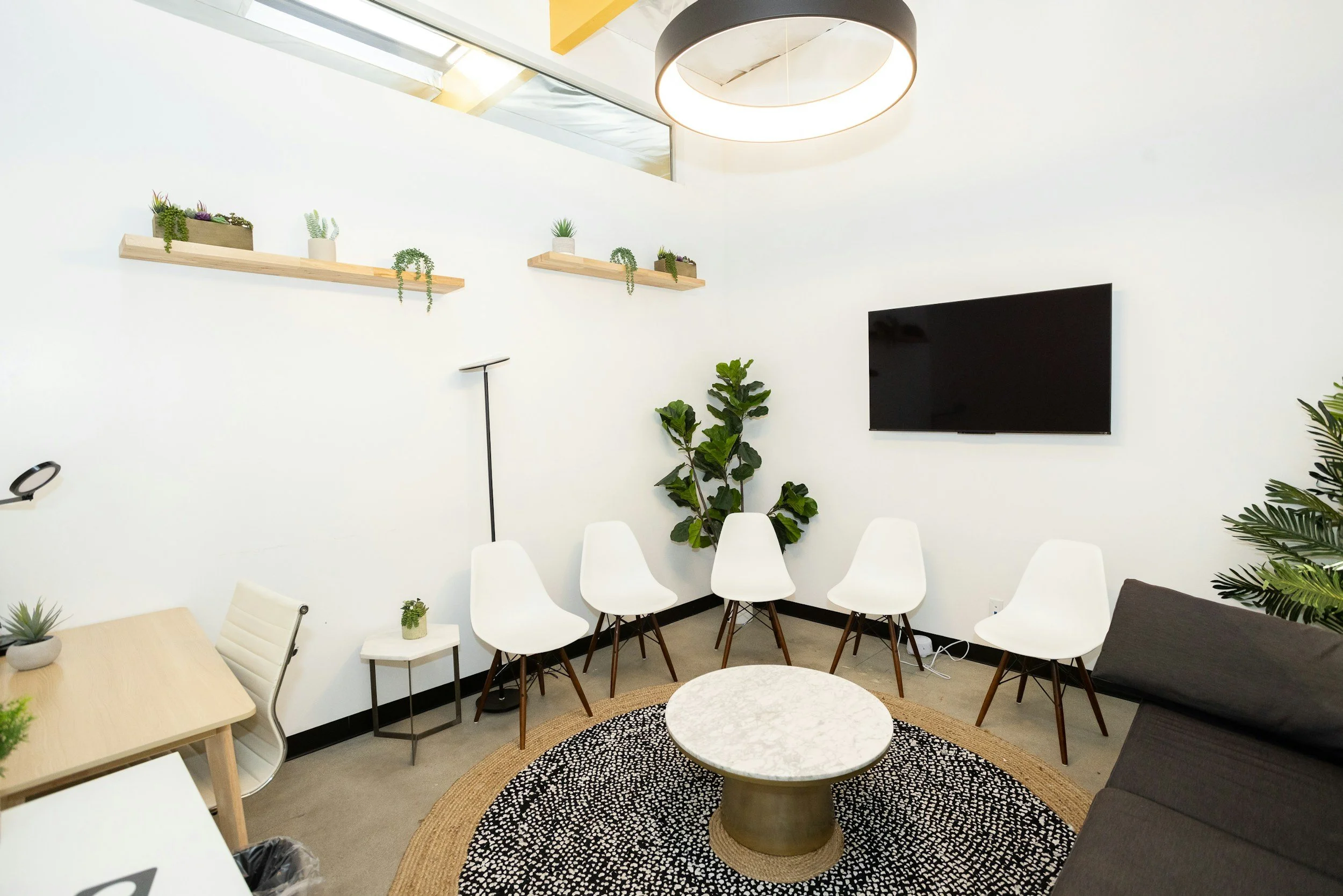 A modern office or meeting room with white walls and a high ceiling, decorated with small potted plants on floating wooden shelves. There is a large flat-screen TV mounted on the wall, surrounded by a circle of white chairs. A round, black-and-white patterned rug is beneath a marble-top coffee table. Green indoor plants are placed near the walls, and a large circular pendant light hangs from the ceiling.