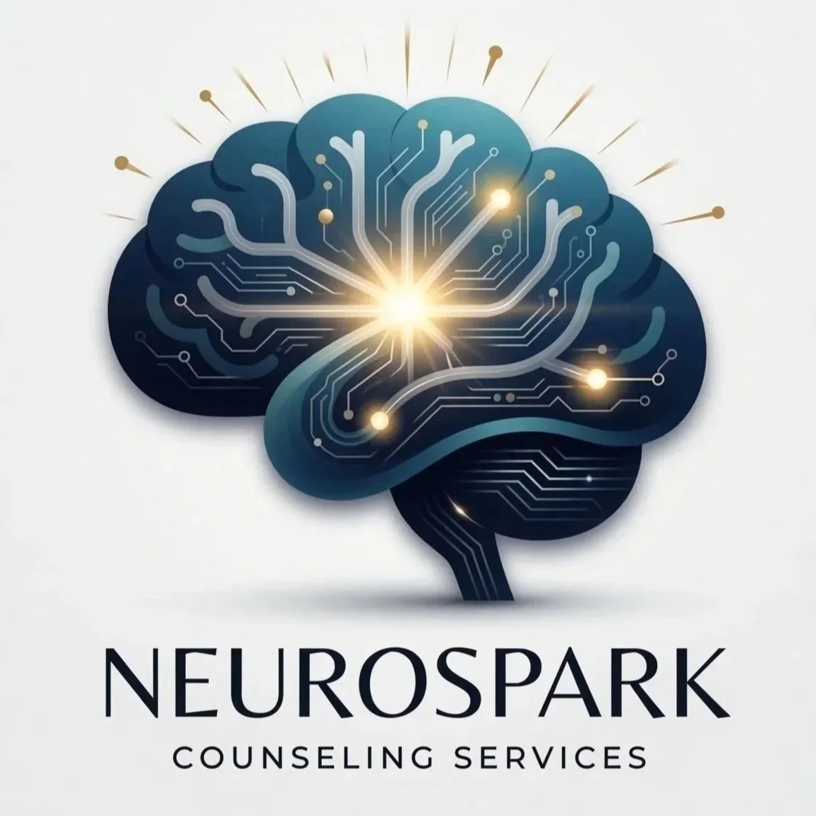 Logo of NeuroSpark Counseling Services featuring a stylized brain with interconnected neural circuits and glowing lights