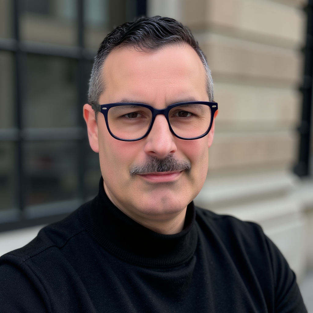 A man wearing black glasses and a black turtleneck posing outdoors with a beige building and windows in the background.