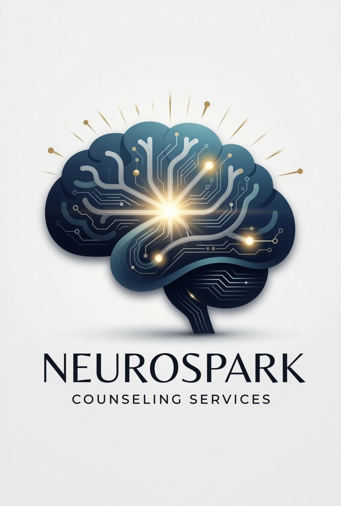 NeuroSpark Counseling logo: Stylized brain with neural circuits and glowing connections, representing expert brain injury recovery and neuroplasticity support for TBI and ABI survivors.