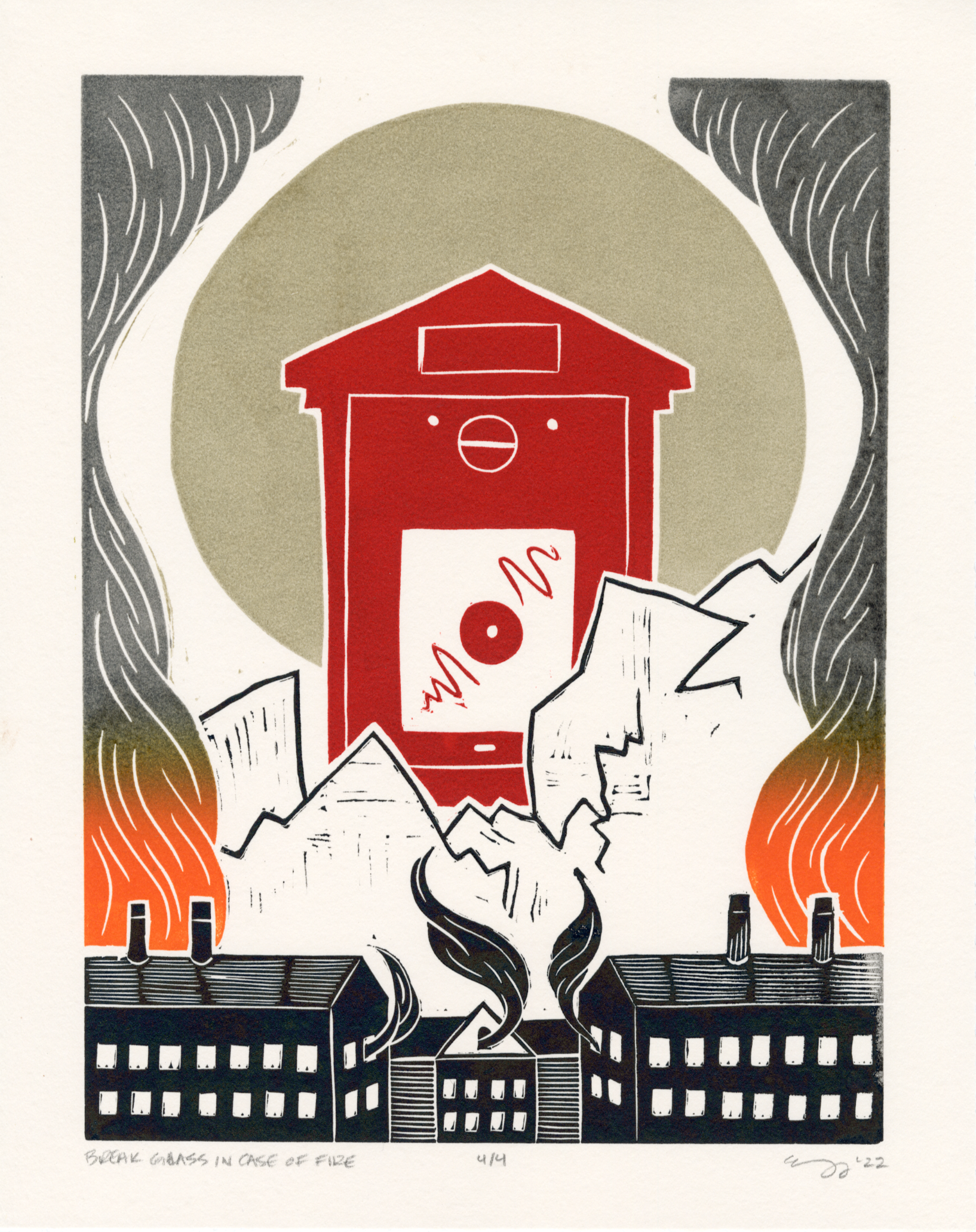 Break Glass in Case of Fire, Linocut, 11x14", 2022