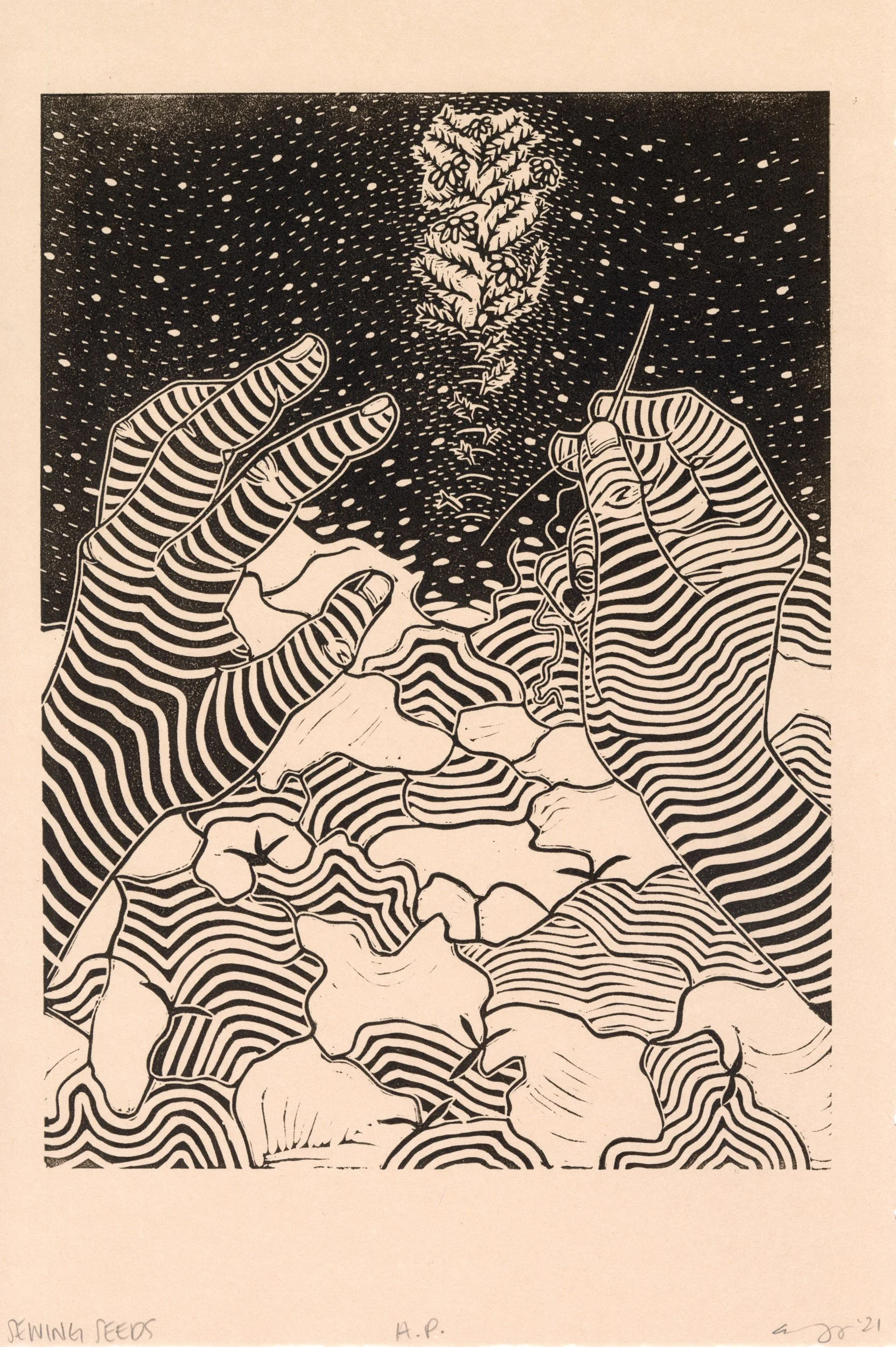 Sewing Seeds, Linocut, 8x12", 2021