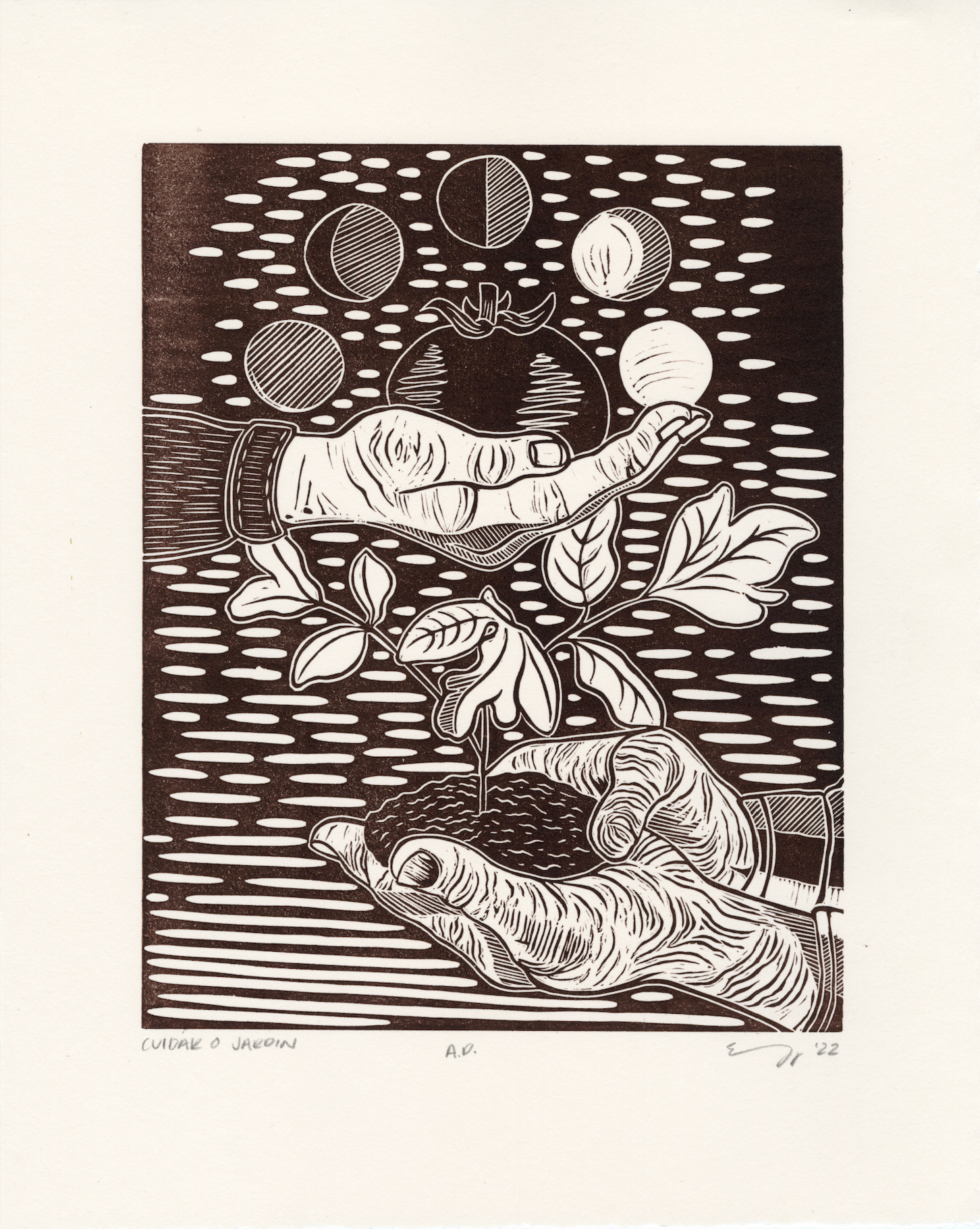 Cuidar o Jardin, Linocut, 11x14", 2022