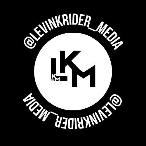 Black background with white circular logo featuring the text '@LEVINKRIDER_MEDIA' and 'ELUNINKRIDER_MEDIA' around the circle. Centered are the initials 'LKM' in stylized font.