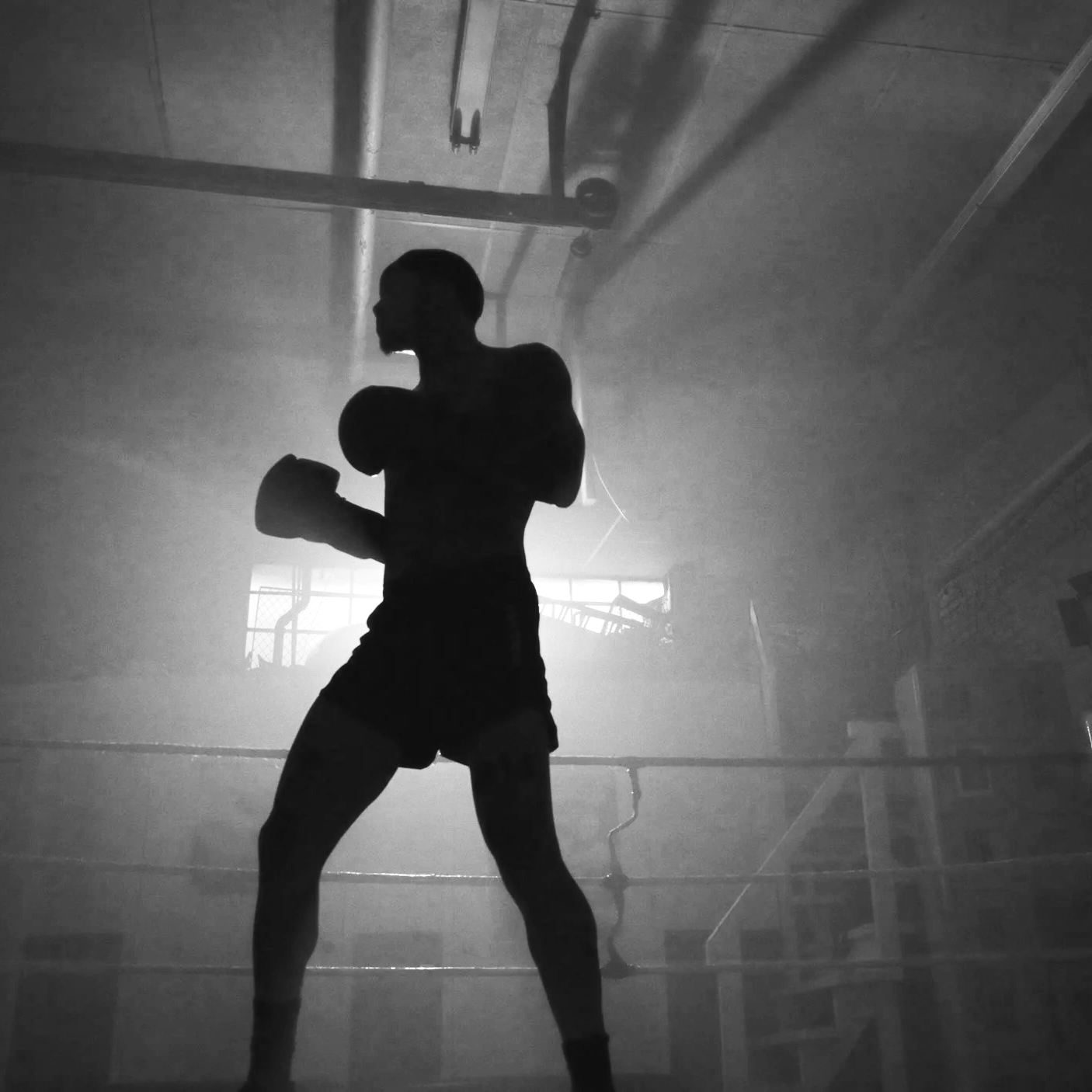 Silhouette of a boxer in a boxing gym, holding boxing gloves and practicing boxing moves amidst fog or smoke.