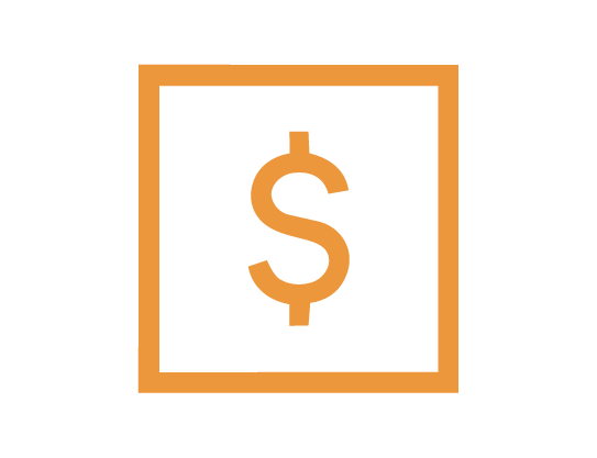 Icon of a dollar sign inside a square outline, colored in orange.