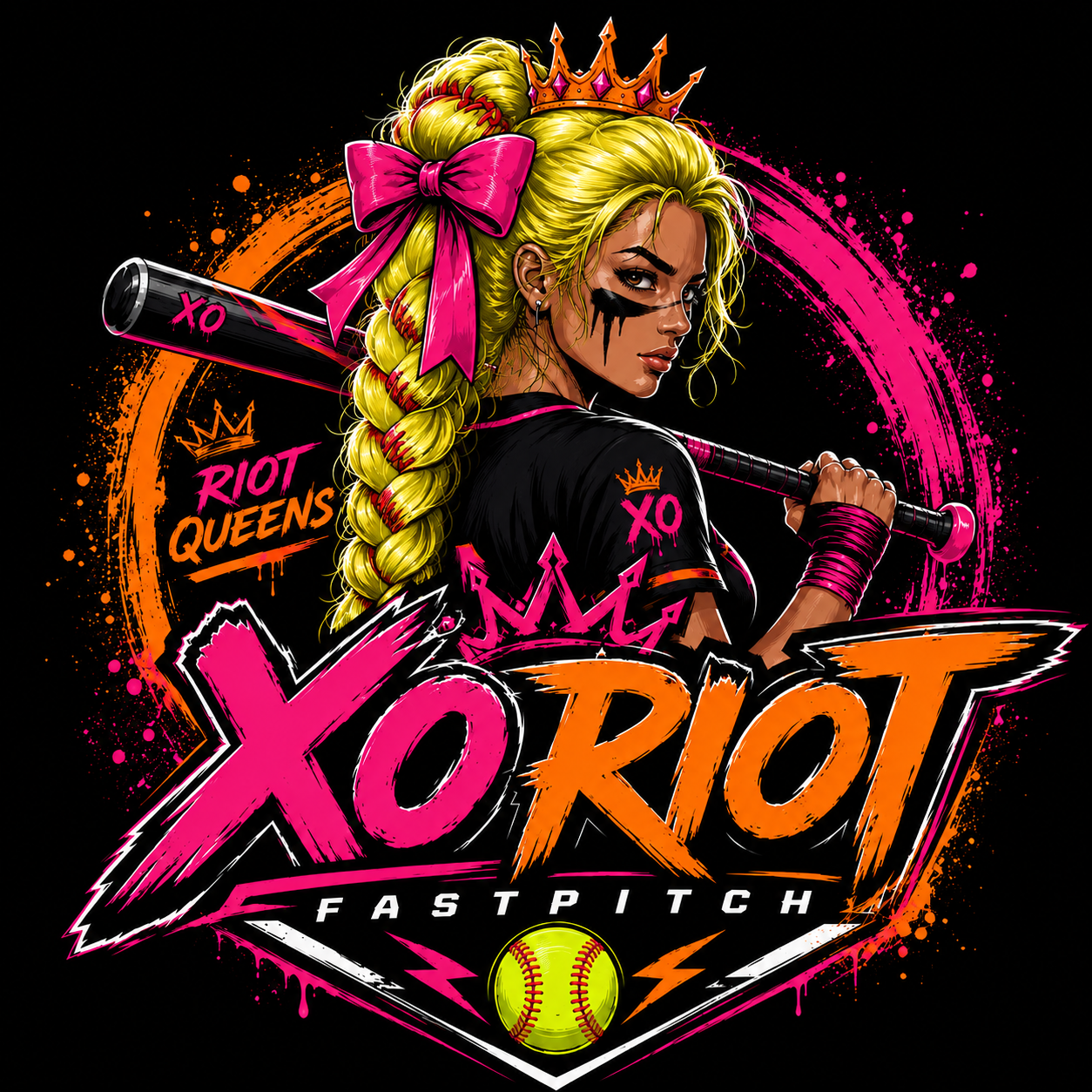 Illustration of a fierce blonde woman in a black sports jersey with pink accents, holding a baseball bat on her shoulder, wearing a crown and a large pink bow in her hair. The background has pink and orange paint splashes, with the words 'Riot Queens' and 'XOROT Fastpitch' prominently displayed.