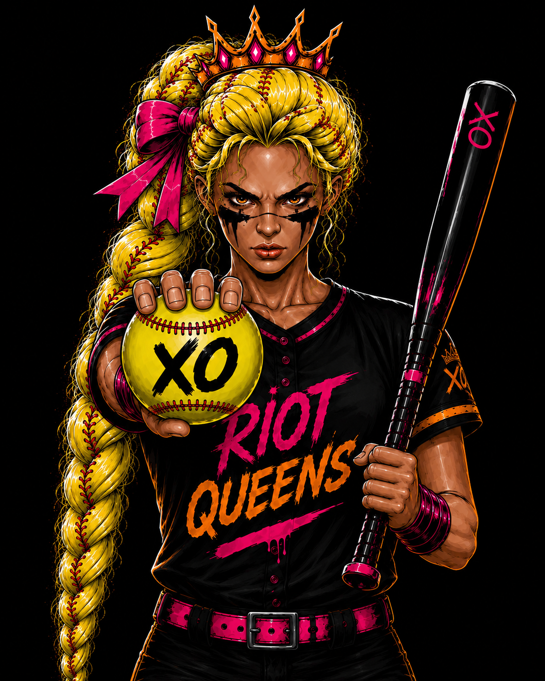 A fierce woman with blonde braided hair, wearing a crown, black face paint, and a black t-shirt that says 'Riot Queens.' She is holding a yellow softball with 'X O' written on it in black, and a pink and black baseball bat. The background is black.