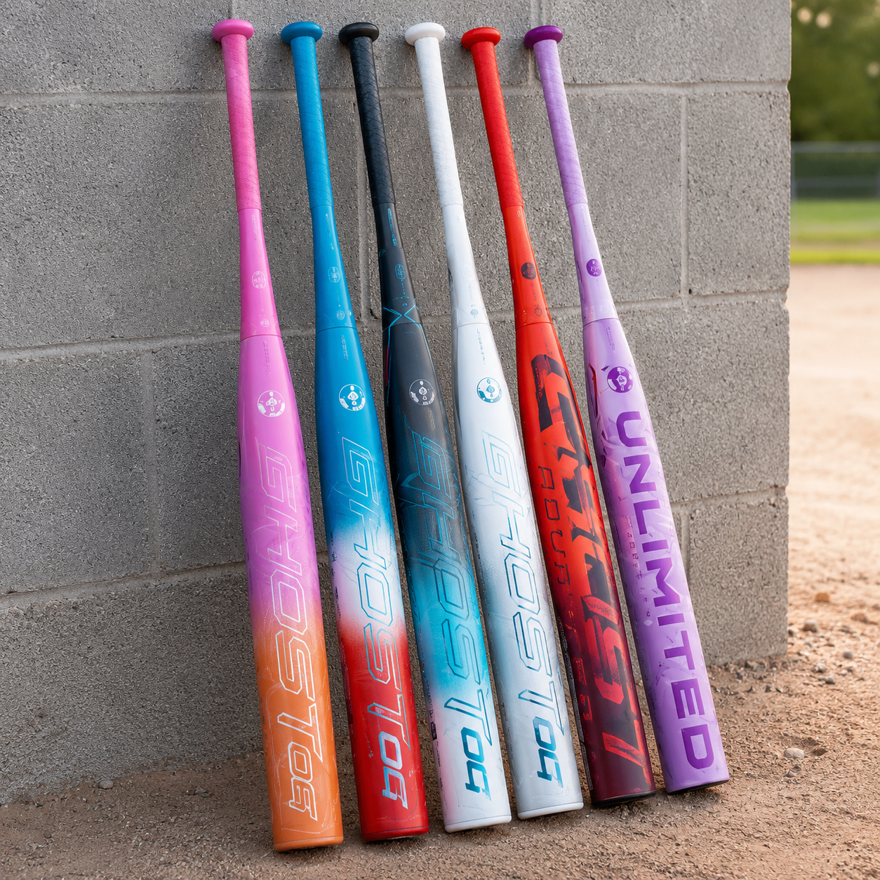 Six colorful baseball bats leaning against a concrete wall.