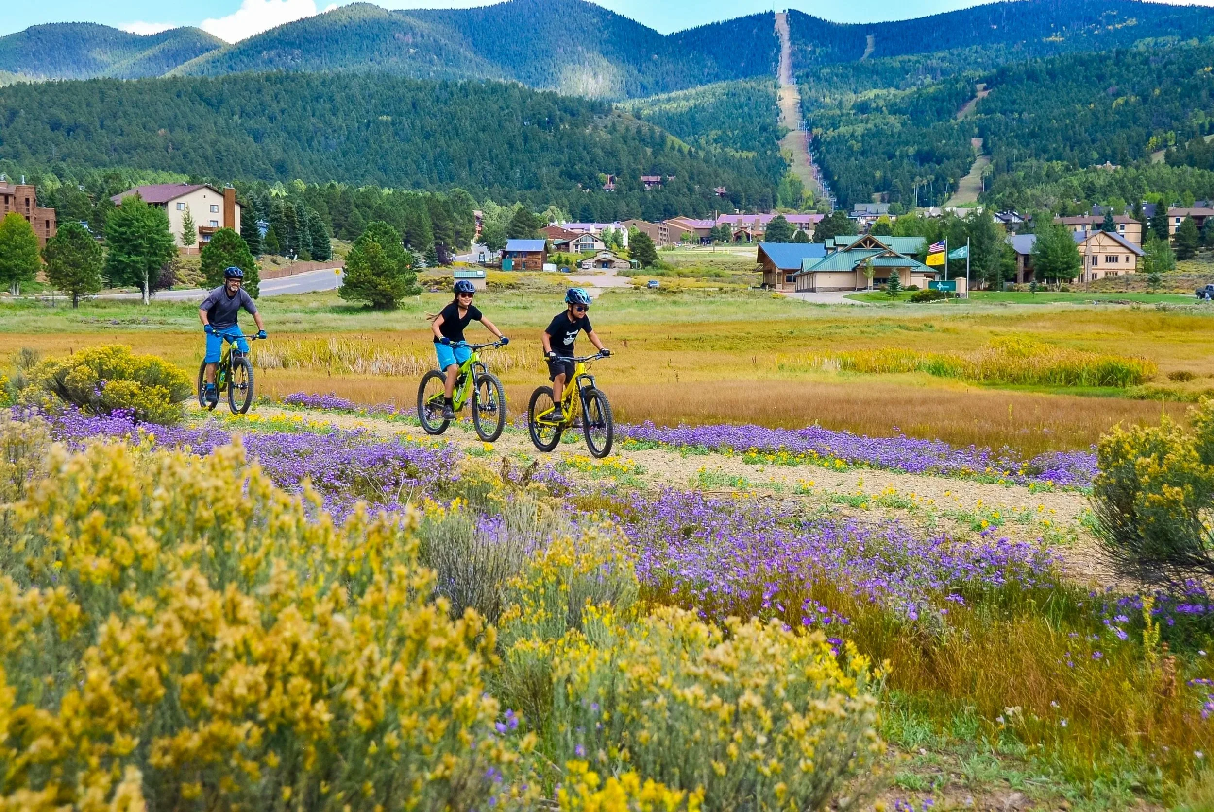Three children riding mountain bikes on a trail through a colorful wildflower field with a mountain town and forested hills in the background.