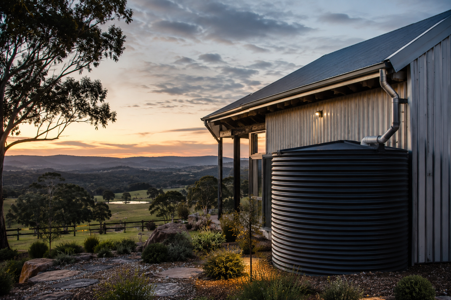 A rural landscape at sunset with a metal house, rainwater tank, and a tree in the foreground, overlooking rolling hills and a lake.