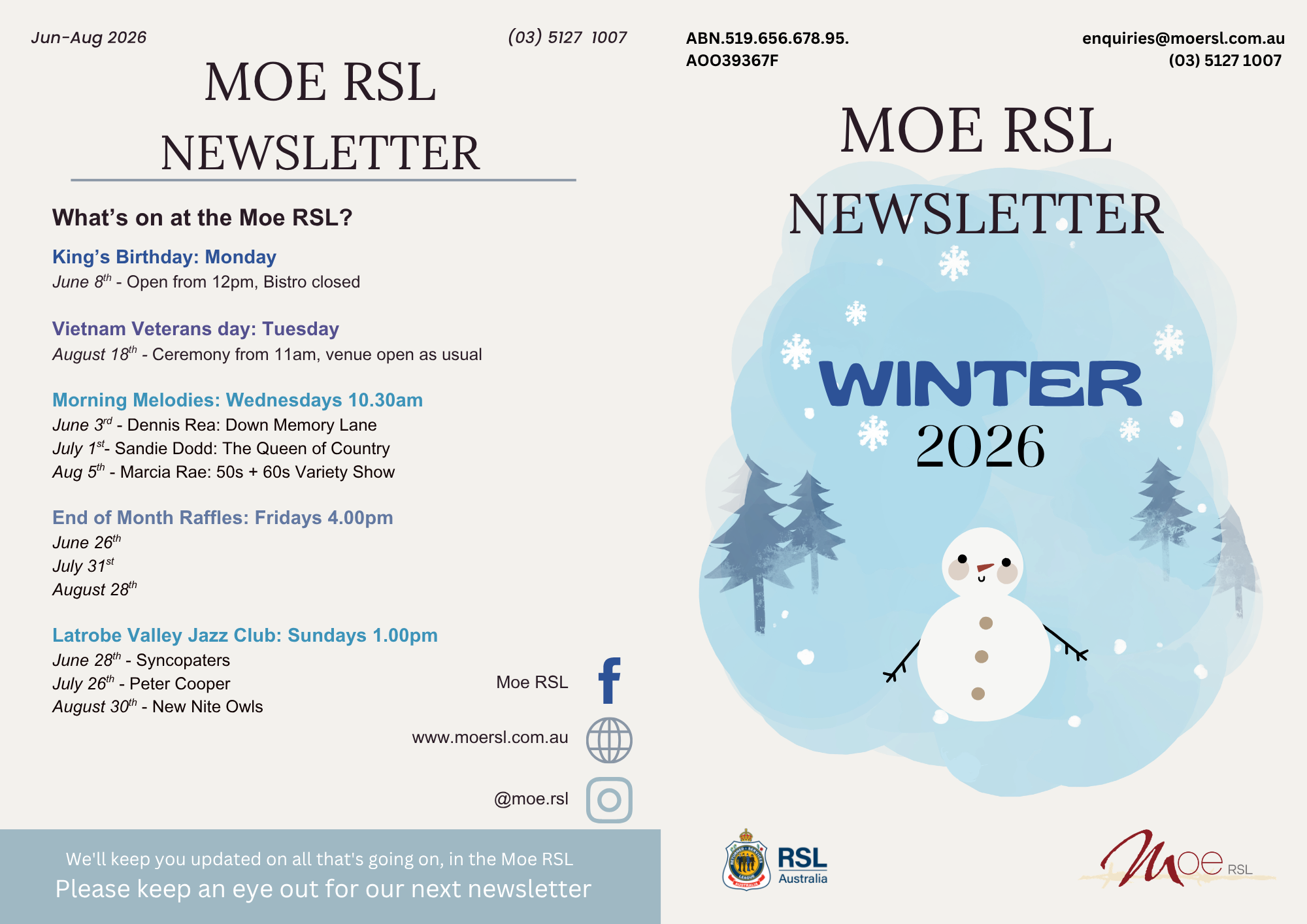 Moe RSL Newsletter Winter 2025 cover with floral illustration including white flowers, green leaves, pine branch, and berries.