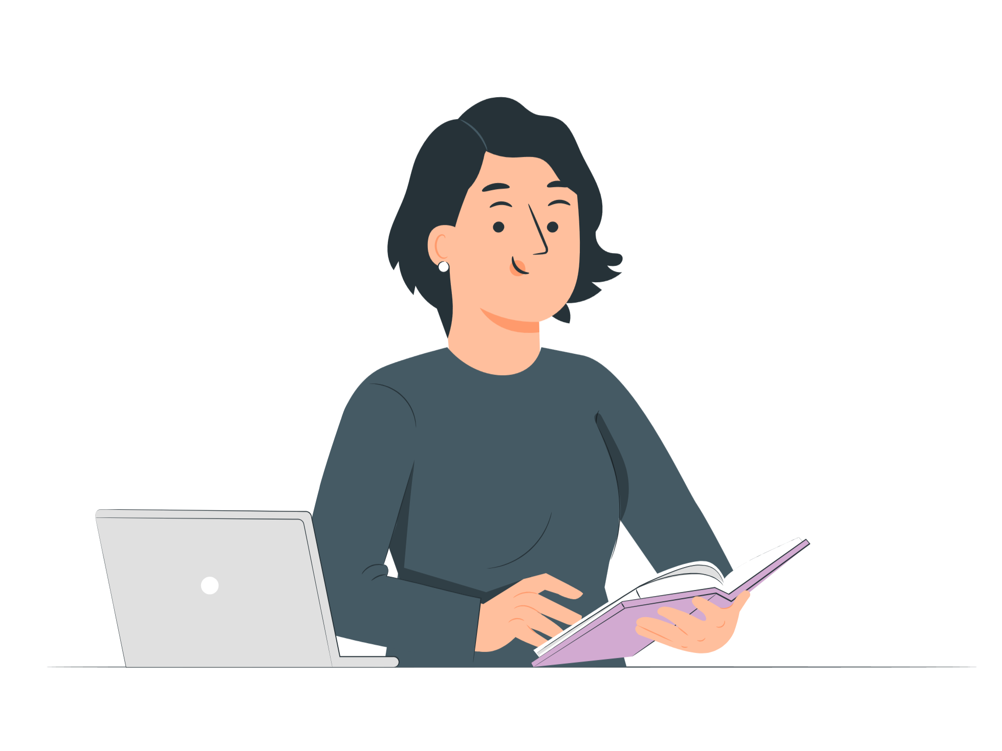 A person smiles as they sit at their desk reading a book.