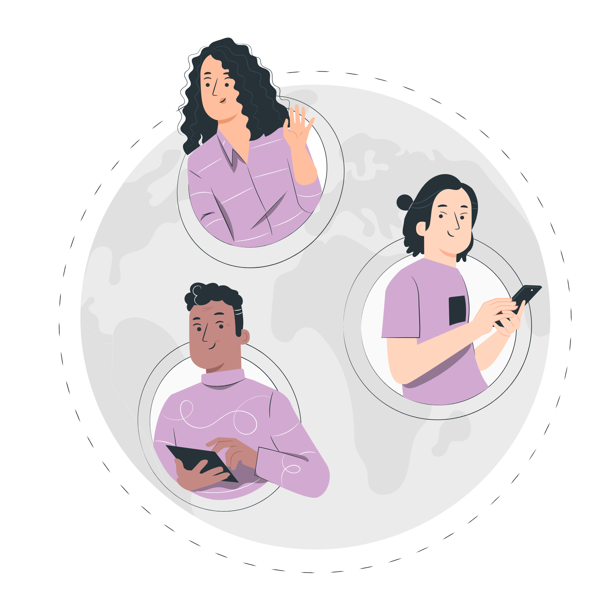 Three smiling people connect from around the world.